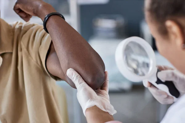 Clinician wearing gloves lifting a patient's sleeve to examine the exposed forearm for an injection or test.