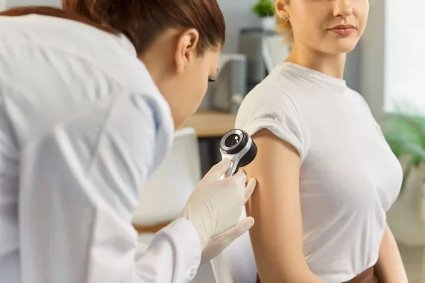 Healthcare professional in gloves listening with a stethoscope on a woman's upper arm during a medical checkup. REPLACE