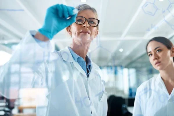 Female scientist in a lab coat and safety goggles writes on a glass board while a colleague watches in a bright lab environment.